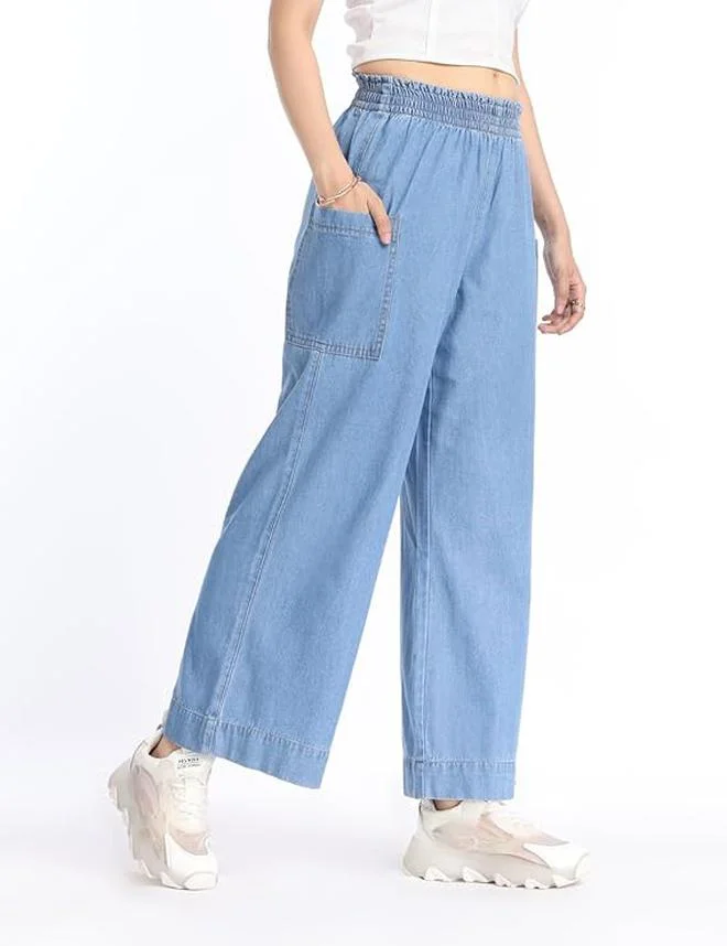 inkd Denim Divine Women's Wide Leg Jeans - High-Rise | 100% Cotton| Enzyme Wash | Elasticated Waistband | Jeans for Women for Women | Best Price UAE